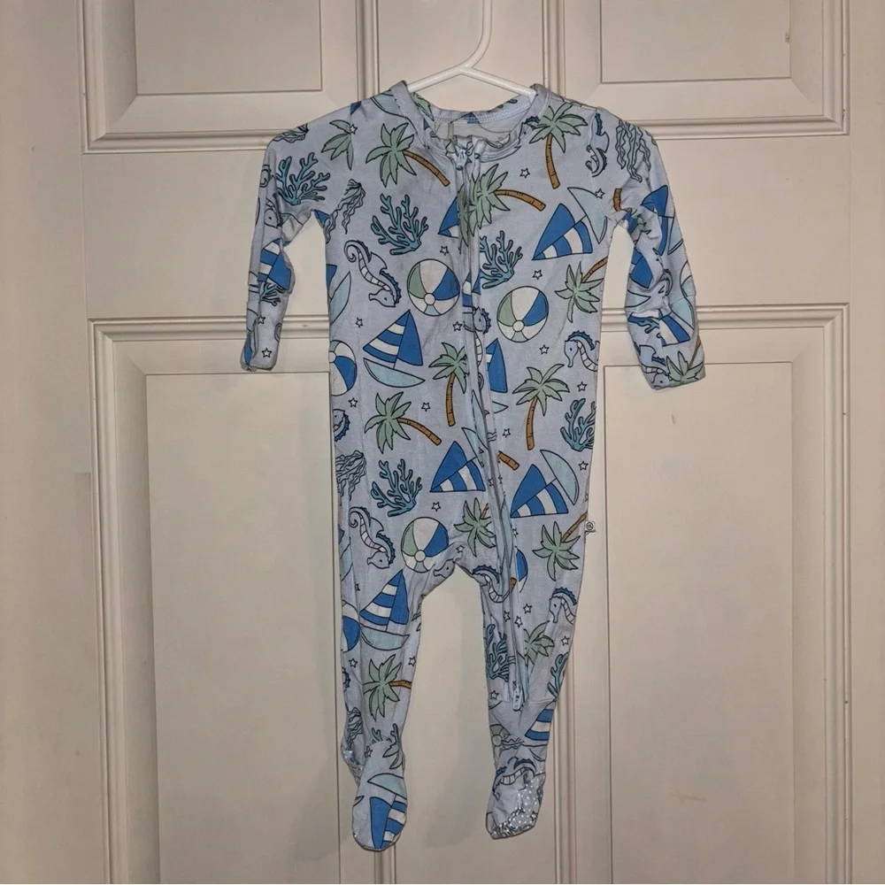 Caden Lane Tiny Tides Bamboo Blue Nautical Zip Footie Pajamas 0-3 Months